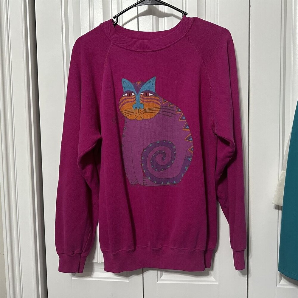 Vintage Sweatshirt Womens Large Purple Cat Mod Retro Hanes USA